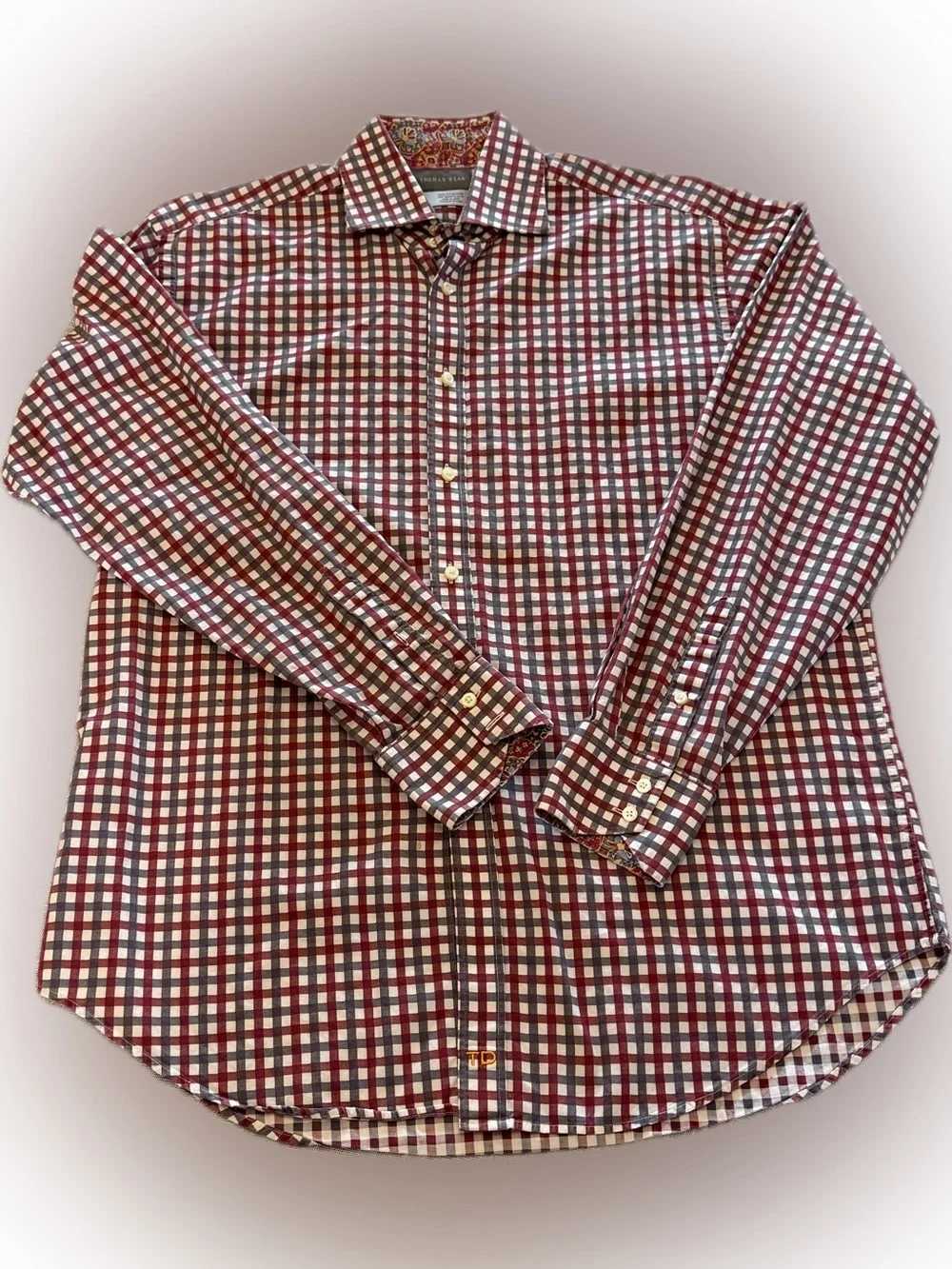 Thomas Dean Shirt Mens Large Red Gingham Check Button Front Long Sleeve - Picture 1 of 10